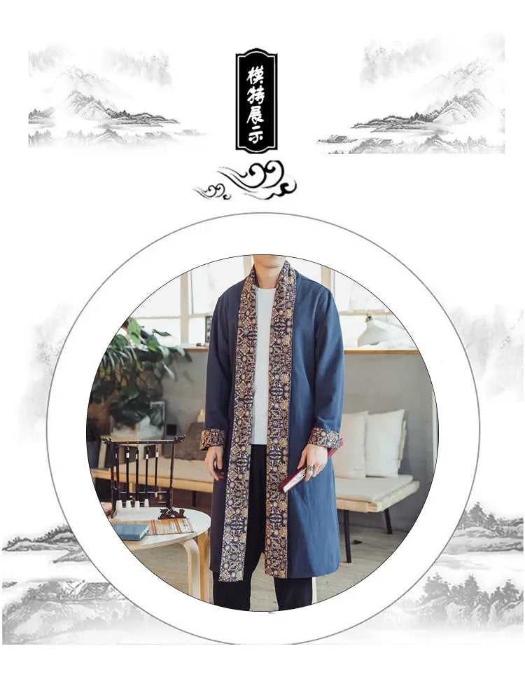 Plus size blue traditional style mens long coat with intricate dragon embroidered patterned trim along collar, cuffs, and front opening.