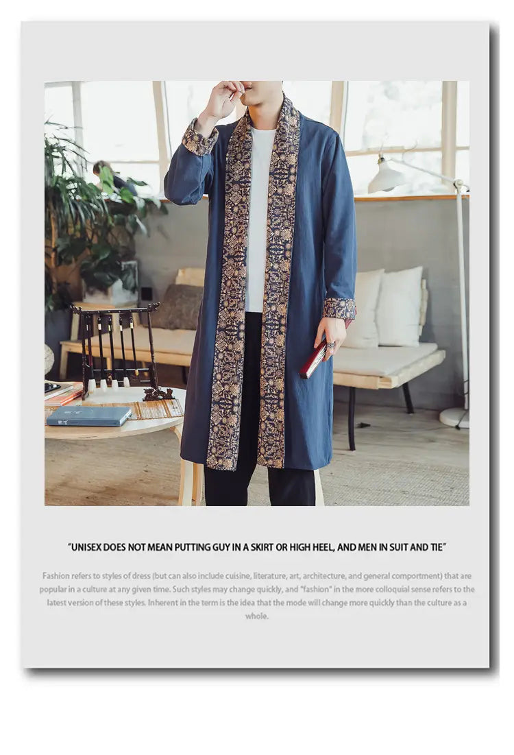 Plus size mens long coat in blue with intricate brown and gold patterned trim along the collar cuffs and front opening featuring dragon embroidery.