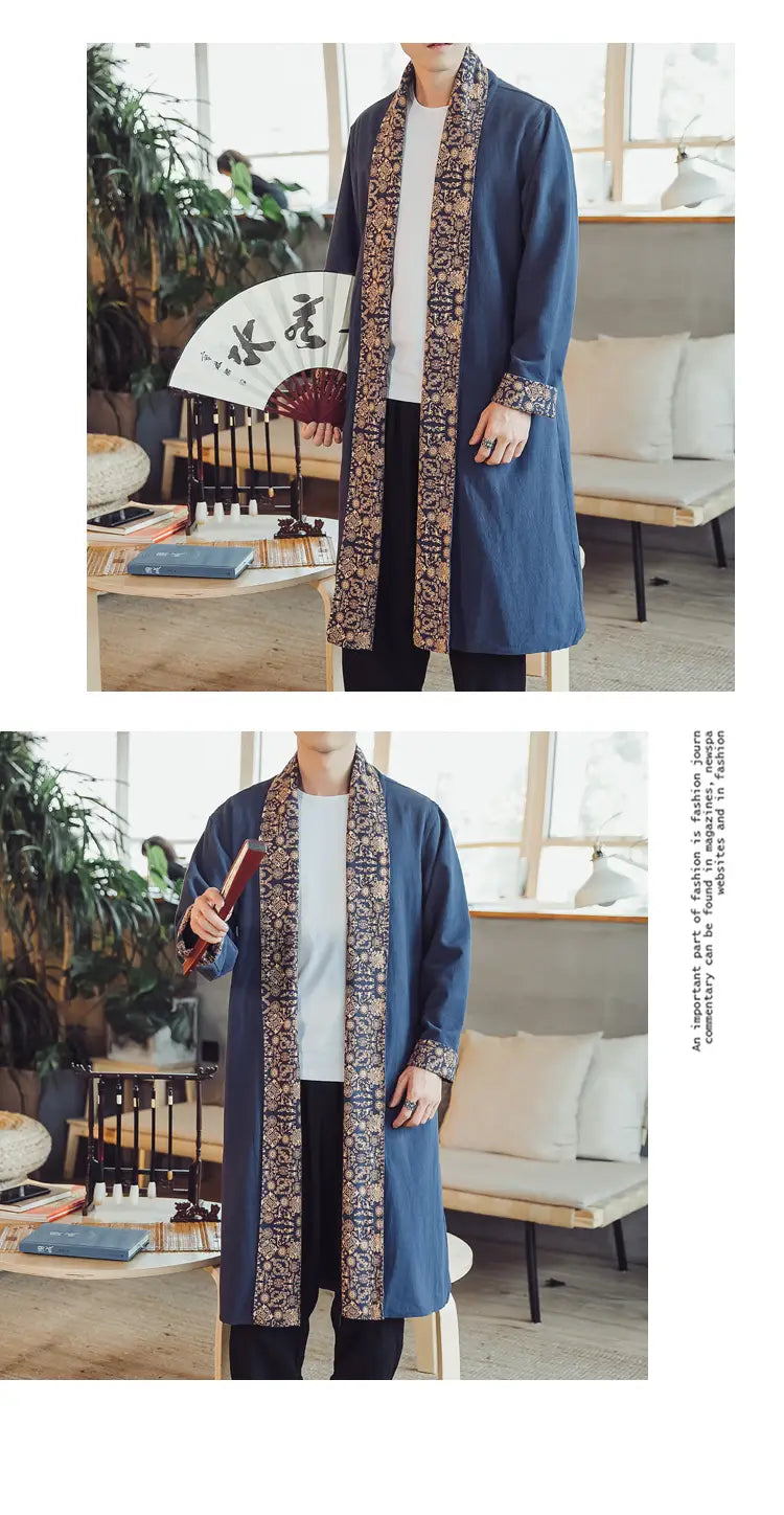 Plus size dragon embroidered mens long coat in navy blue featuring a long-sleeved robe design with intricate gold and brown patterned trim along the collar, cuffs, and front opening.