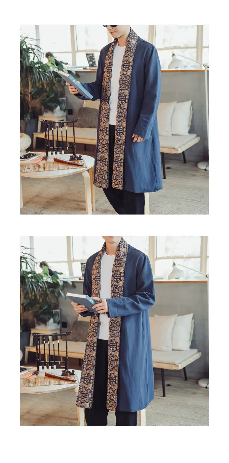 Plus size mens long coat in blue featuring intricate dragon embroidered patterned trim.