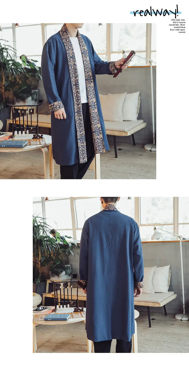 A navy blue plus size mens long coat featuring dragon embroidery with intricate patterned trim along the collar, cuffs, and front opening.