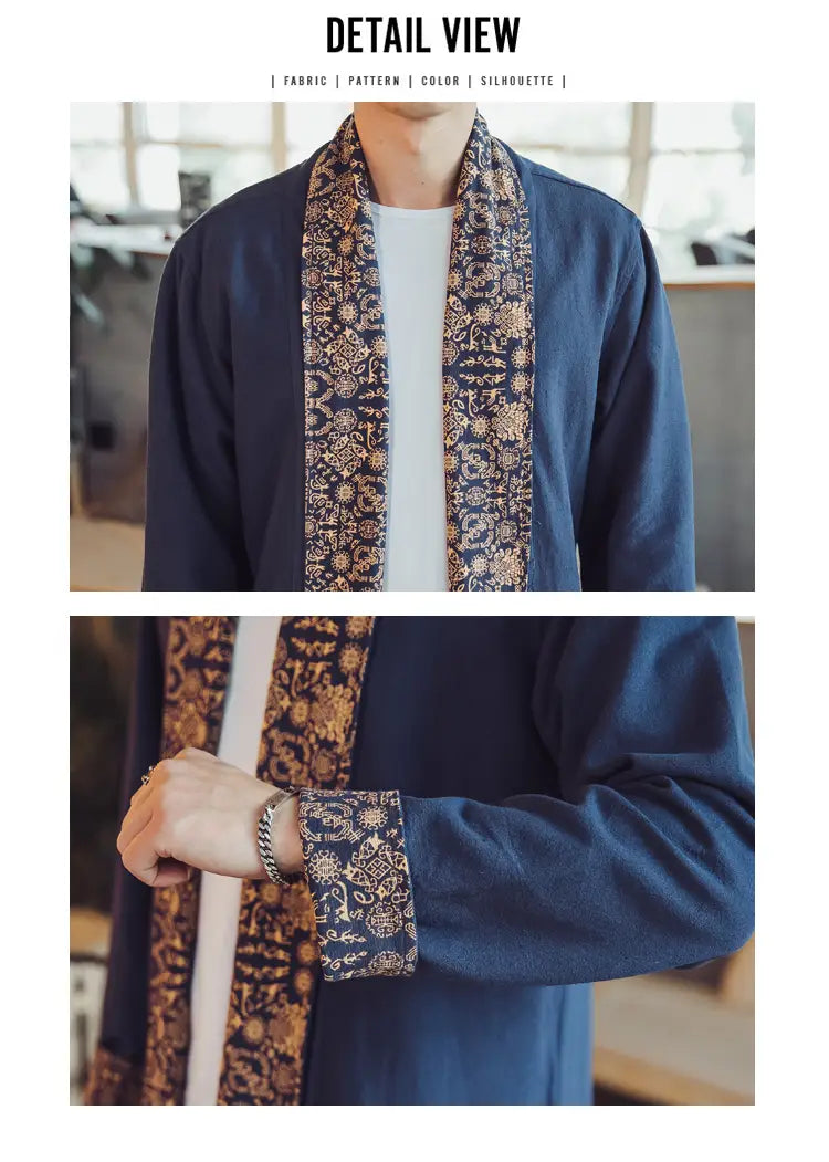 Plus size dragon embroidered mens long coat in dark blue linen with intricate gold and navy patterned trim along the collar cuffs and front opening.