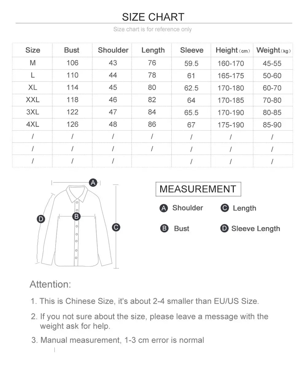 Size chart for a men woolen trench coat with long sleeves in chinese sizing listing measurements and weights across various sizes.