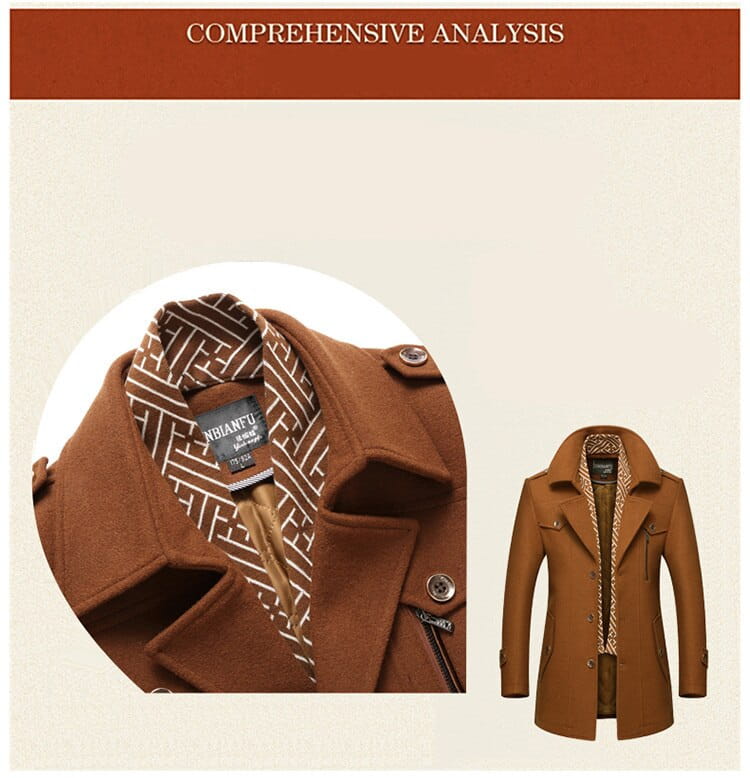 Men woolen trench coat in brown with geometric patterned inner lining and silver toned buttons.