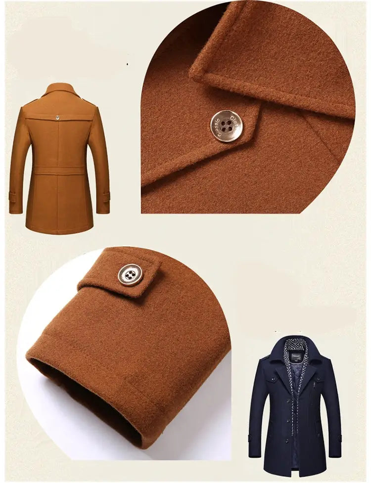 Men woolen trench coat featuring a brown woolen fabric with silver buttons and a classic double-breasted design.