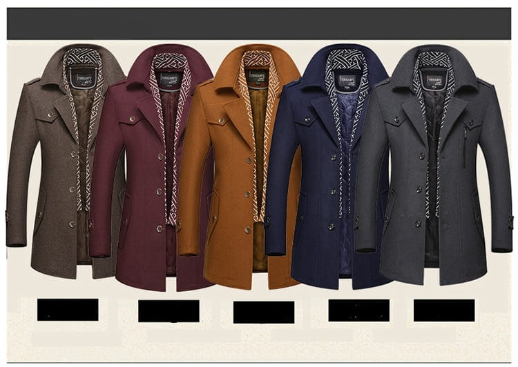 Men woolen trench coats in five colors including brown maroon tan navy blue and charcoal gray featuring double-breasted design.