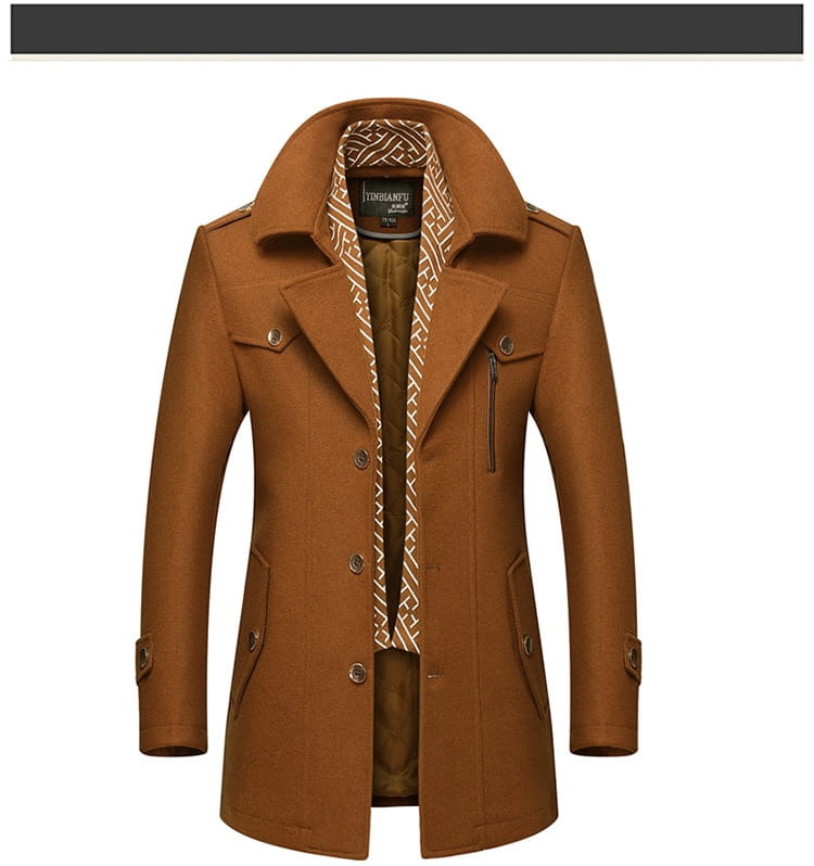 men woolen trench coat brown woolen overcoat with notched collar and geometric patterned lining