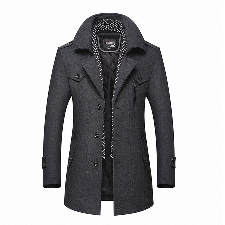 Men woolen trench coat in dark gray featuring a notched collar and black buttons made of woolen material.