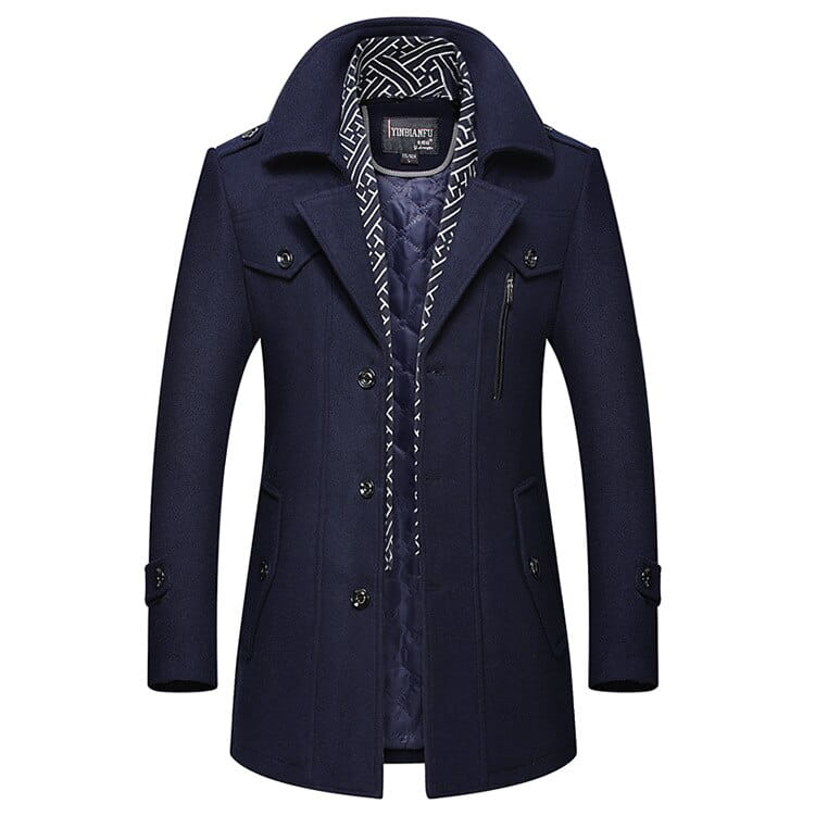Men woolen trench coat in navy blue featuring black buttons and a patterned inner lining crafted from high-quality wool.