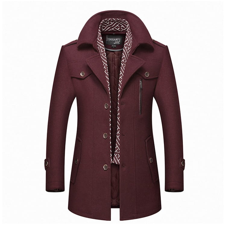 Men woolen trench coat in maroon with silver toned buttons and patterned inner lining.