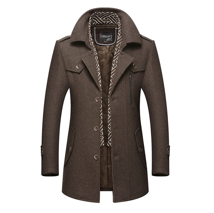 Men woolen trench coat in brown with button closures and patterned inner lining made of woolen fabric.
