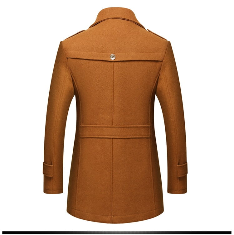 Men woolen trench coat in classic brown wool featuring a notched collar belt at the waist and buttoned cuffs.