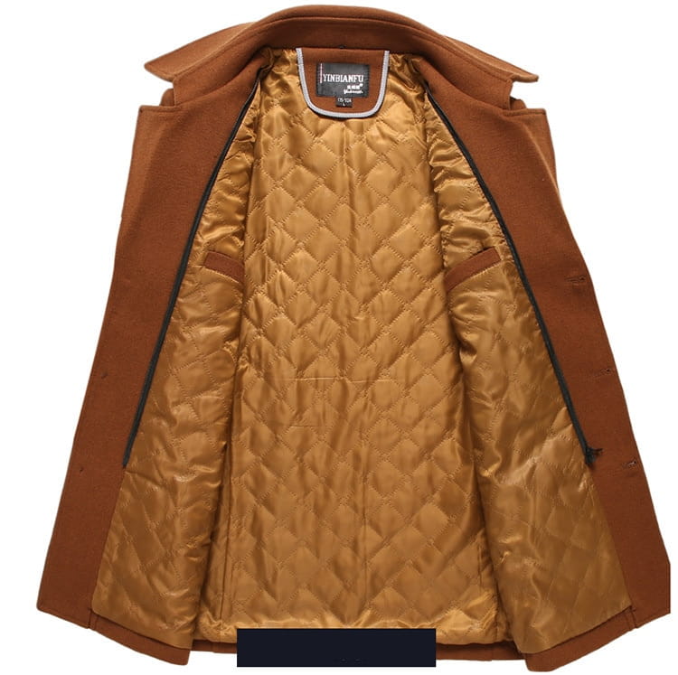 Men woolen trench coat in brown with a quilted gold interior lining made of woolen fabric.