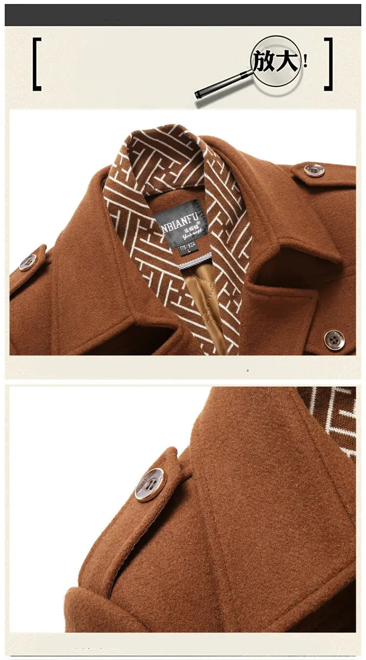 Men woolen trench coat in brown with geometric patterned inner lining and silver toned buttons.