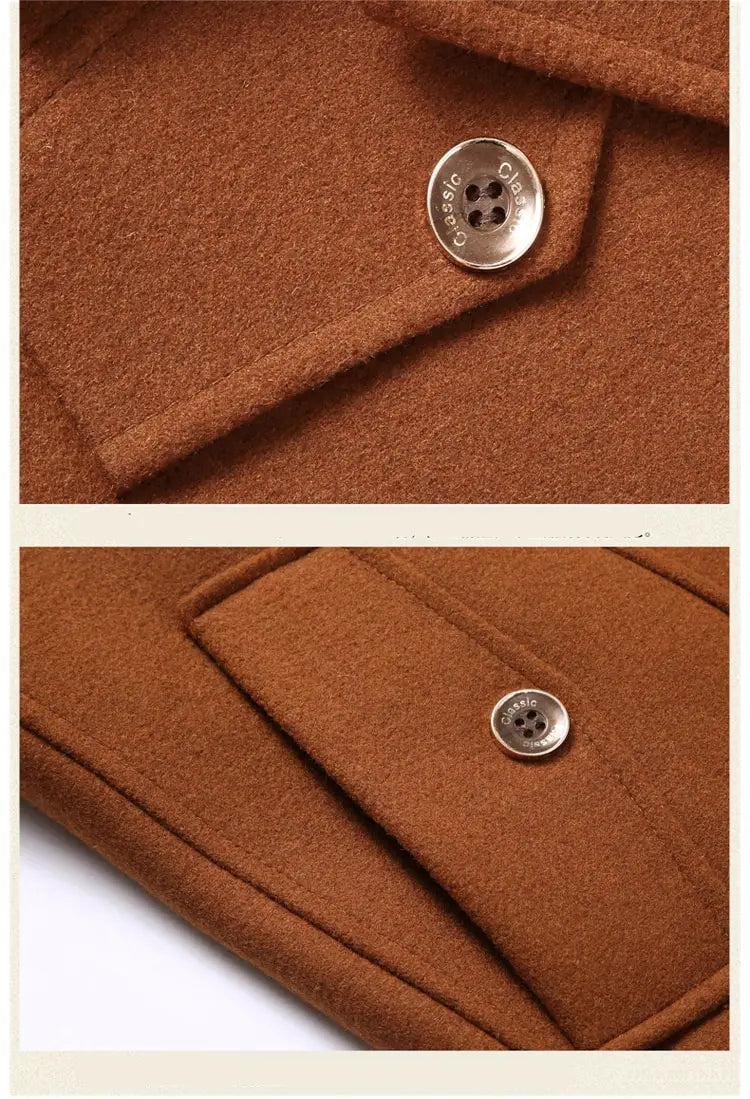 Men woolen trench coat in brown featuring silver buttons engraved with classic design.