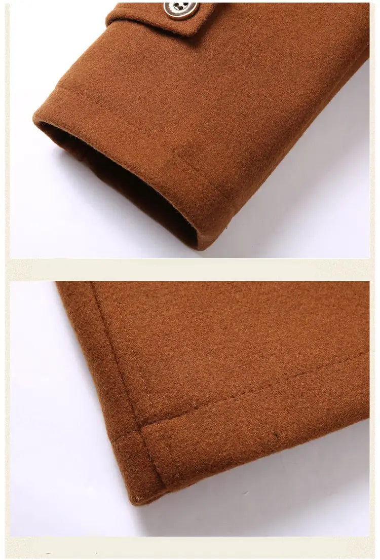 Brown woolen trench coat sleeve with silver button detail made from high-quality wool material for men.