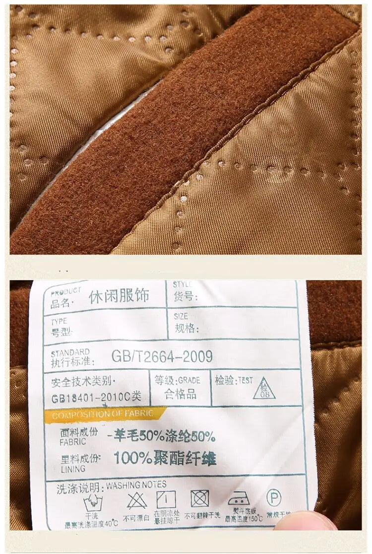 Men woolen trench coat featuring a brown quilted jacket style with a suede-like lining and visible stitching details.