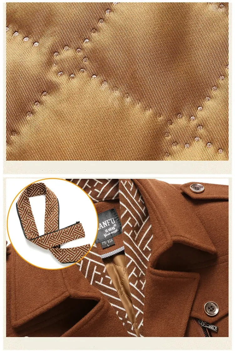Men woolen trench coat in brown wool featuring a geometric patterned lining and subtle stitched detailing.