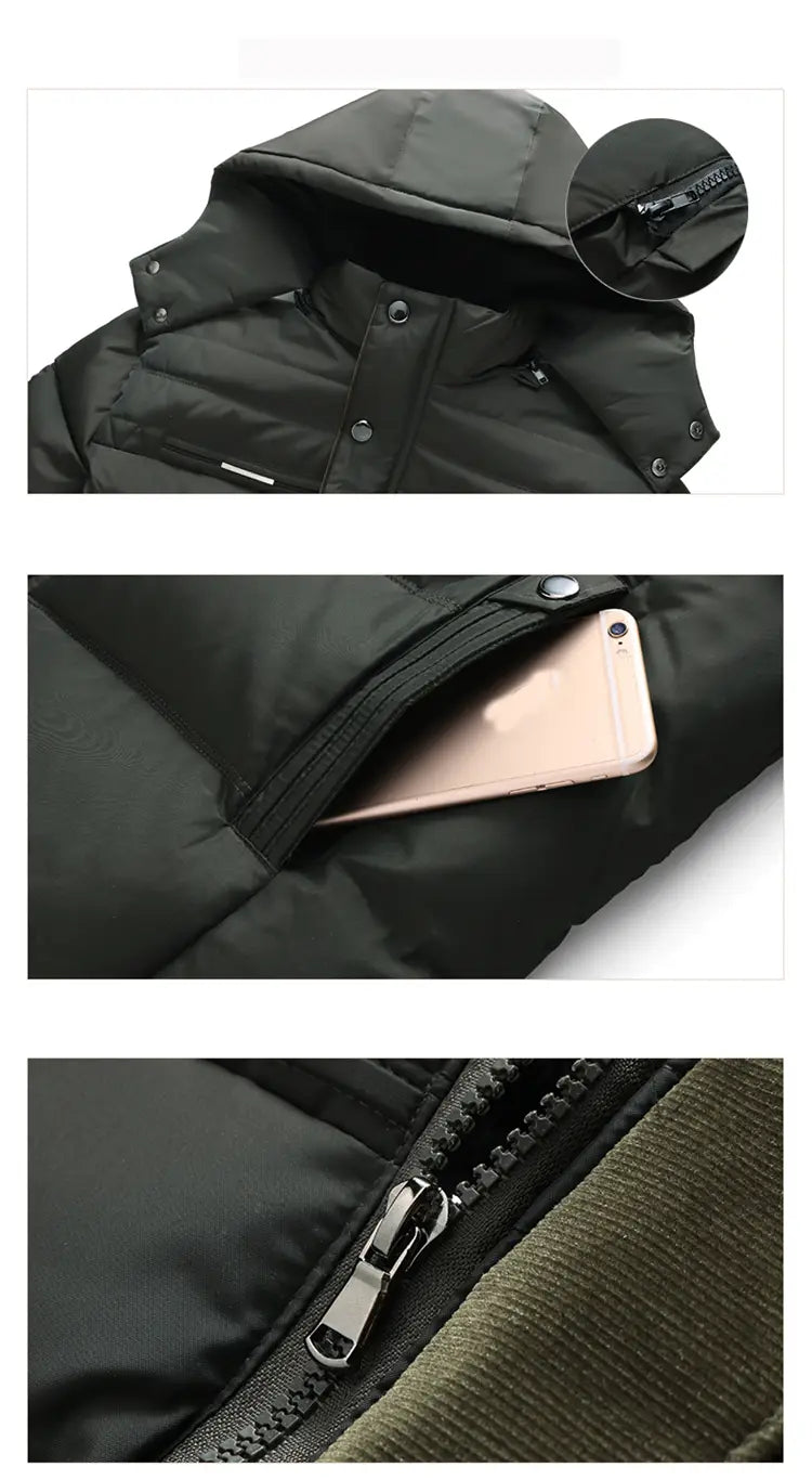 Black hooded quilted winter jacket with plush fleece lining and silver-toned zipper pulls.