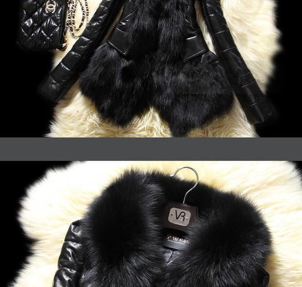 Veste en cuir matelassé avec col en fausse fourrure noire, dotée d’un gilet doublé de fausse fourrure moelleuse et d’une texture raffinée, avec des manches en cuir matelassé noir.