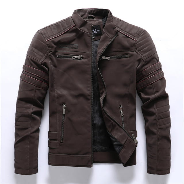 Men’s dark brown faux leather biker jacket with quilted shoulder panels and multiple zippered pockets.