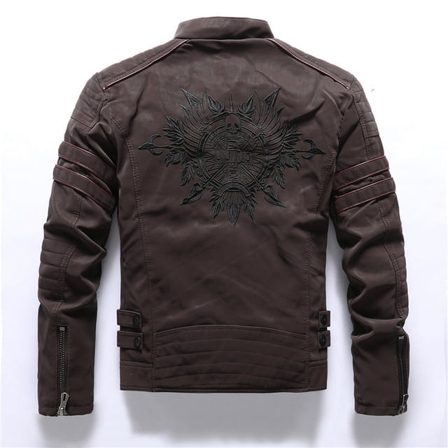 dark brown men’s faux leather biker jacket showing the back with a detailed black embroidered emblem