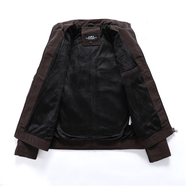 Men’s brown faux leather bomber jacket with a plush black interior lining designed for biker and casual wear.