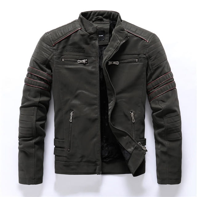 Men’s faux leather biker jacket in black with red stitching accents and multiple zippered pockets.