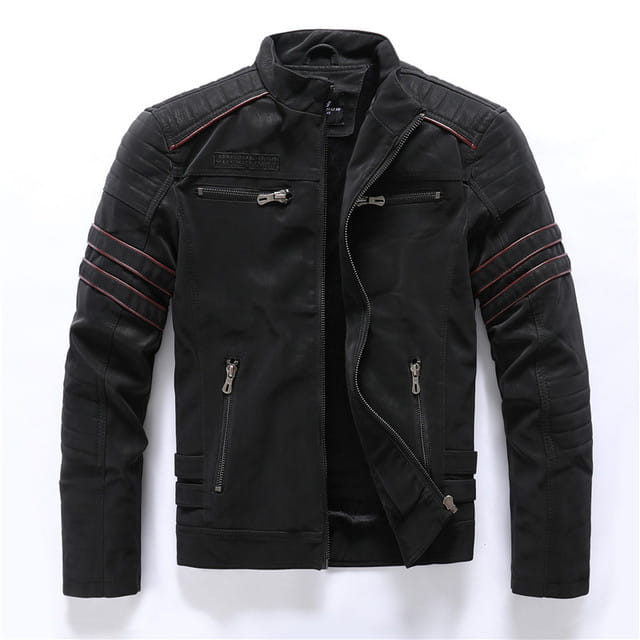 Men’s faux leather biker jacket in black with red stitching accents and silver zippers.