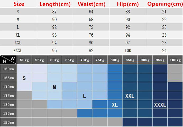 Size chart for men’s black compression pants skull graphic athletic tights showing measurements in centimeters from size s to xxxl with corresponding height and weight ranges.
