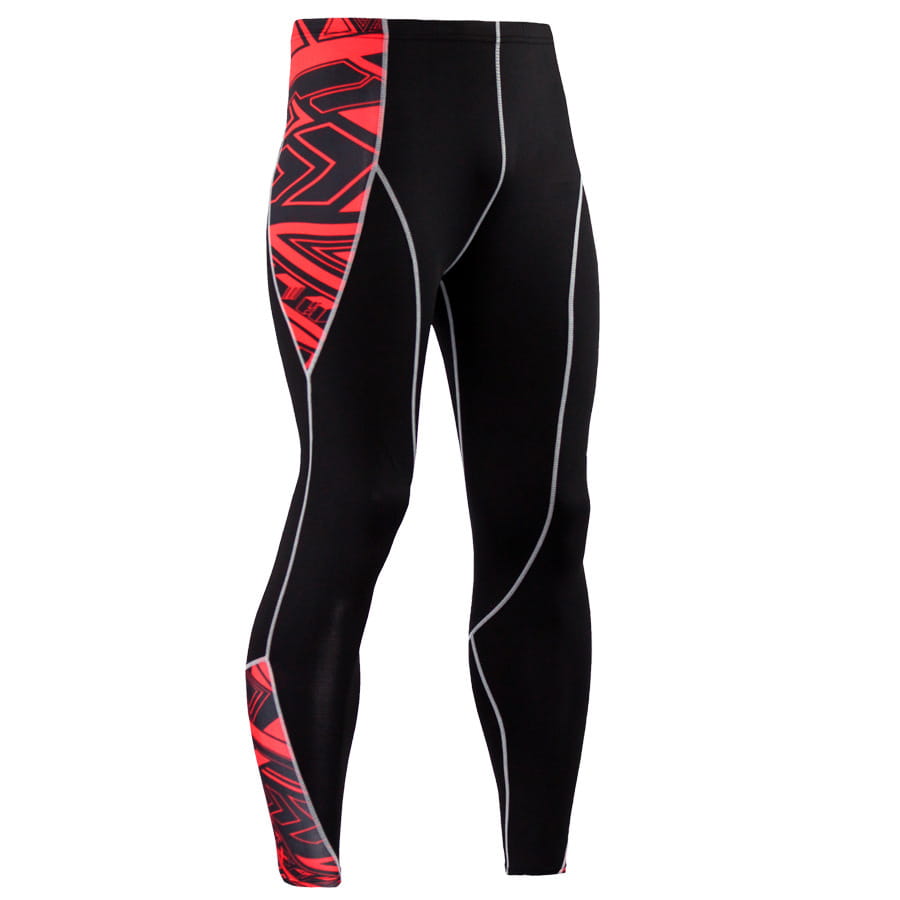 Men’s black compression athletic tights featuring bold red and black geometric patterns with thin white stitching along the outer thighs and calves designed for high-performance use.