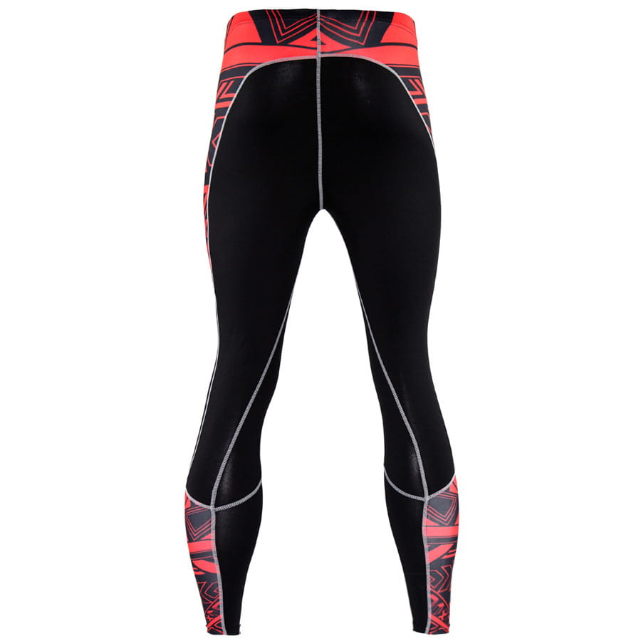 men’s black compression pants with skull graphic featuring high-waisted black and red geometric-patterned compression leggings with silver stitching for athletic use