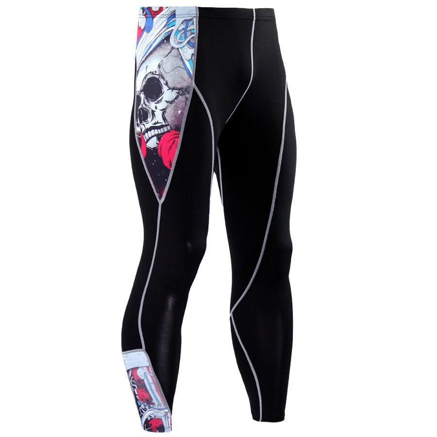 Men’s black compression pants skull graphic athletic tights featuring bold skull with red roses and intricate blue and white side designs accented by silver stitching.