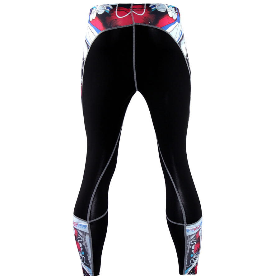 men’s black compression pants with skull graphic athletic tights featuring a vibrant comic-book-style design on the waistband and cuffs