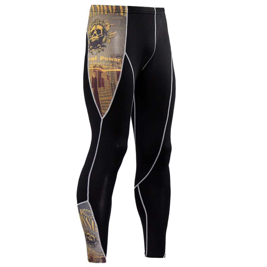 men’s black compression pants featuring a bold skull graphic and cityscape design in gold brown and gray tones for athletic use.