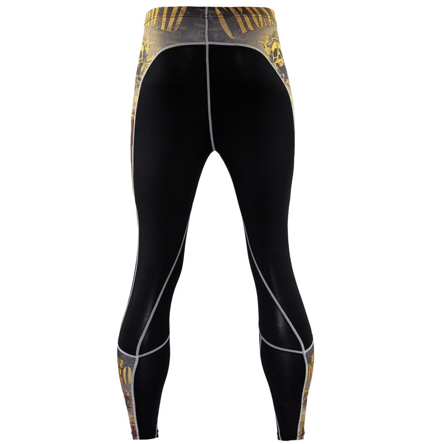 Men’s black compression pants skull graphic athletic tights featuring gold and gray graphic designs along the sides waistband and lower legs.