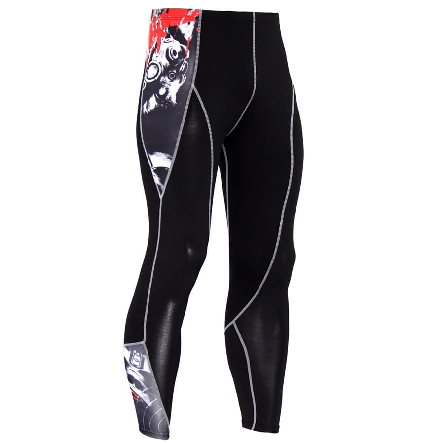 men’s black compression pants skull graphic athletic tights featuring a red white and black gas mask design on the thigh and calf.