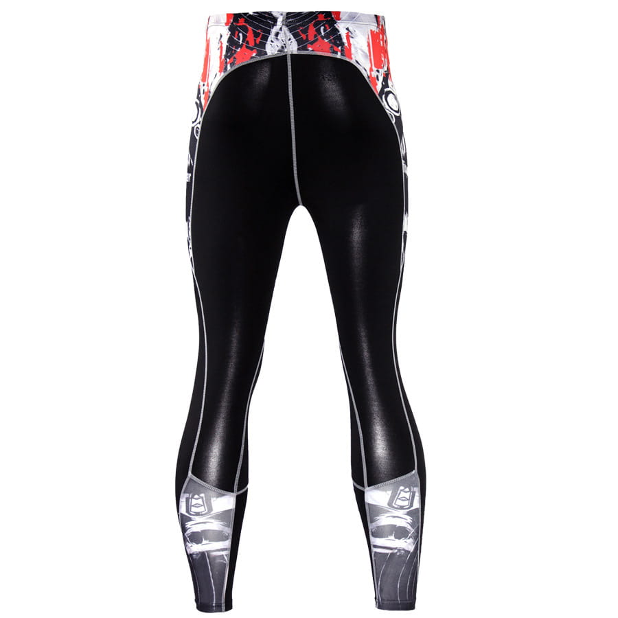 Men’s black glossy-finish compression leggings with bold red and white skull graphic design on the waistband and lower legs for athletic use.