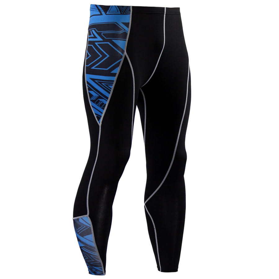 Men’s black compression pants with skull graphic feature black and blue geometric-patterned athletic tights with silver stitching designed for performance.