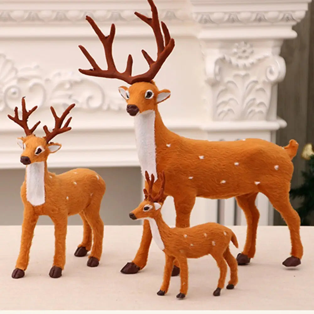 Set of three brown Christmas deer plush toys with white spots and festive antlers crafted from textured faux fur material.