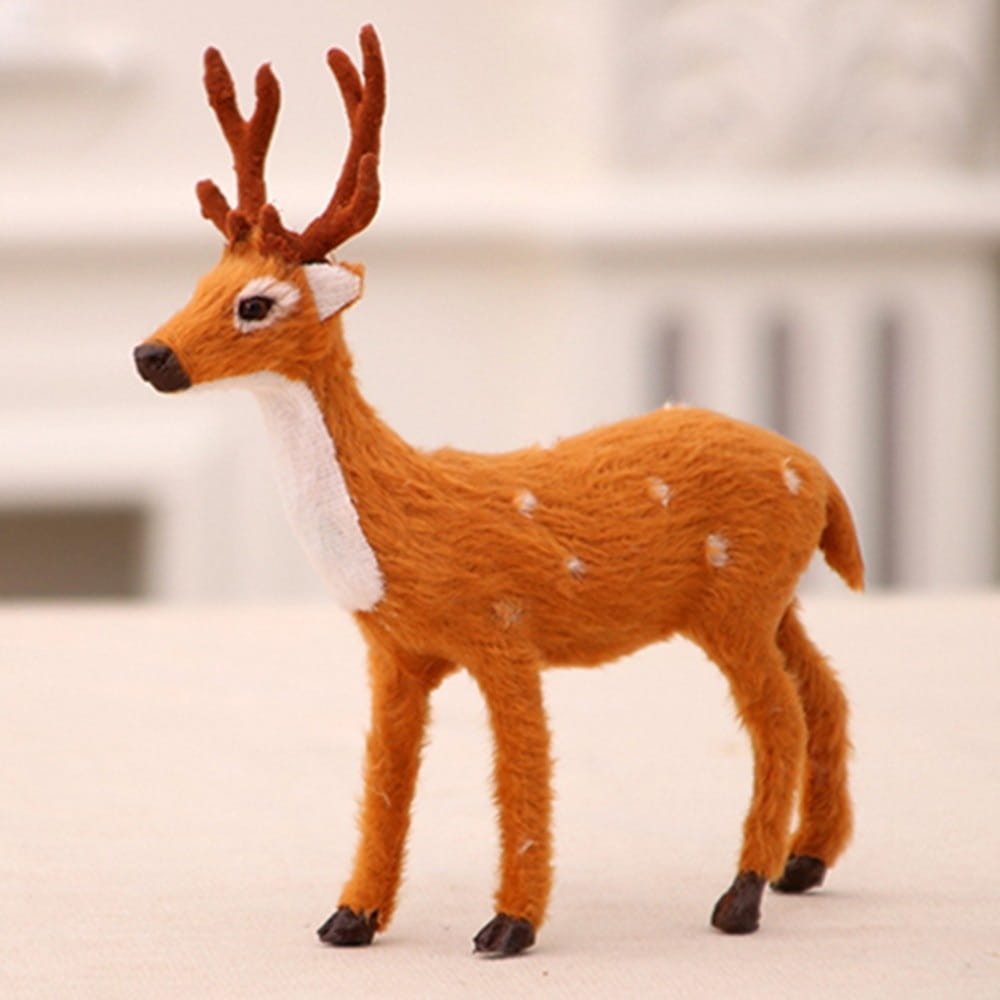 A plush orange Christmas deer figurine with white spots, a white neck patch, brown antlers, and black hooves in a festive antlers plush toy set.