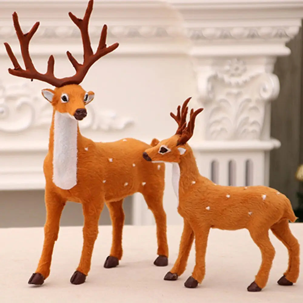 Christmas deer plush toy set featuring orange faux-fur deer figurines with white spots and brown festive antlers.