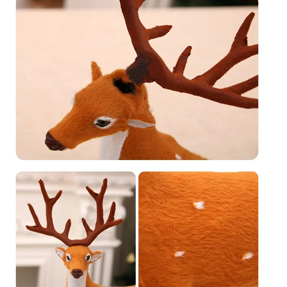 Orange faux-fur deer figurine with brown antlers and white accents from the Christmas deer plush toy set with festive antlers.