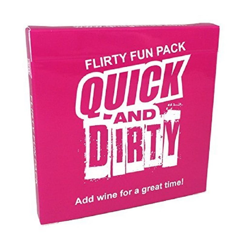 A vibrant pink rectangular box featuring bold white distressed text quick and dirty labeled as a flirty fun pack is a party card game for adults 17 plus designed for adult entertainment.