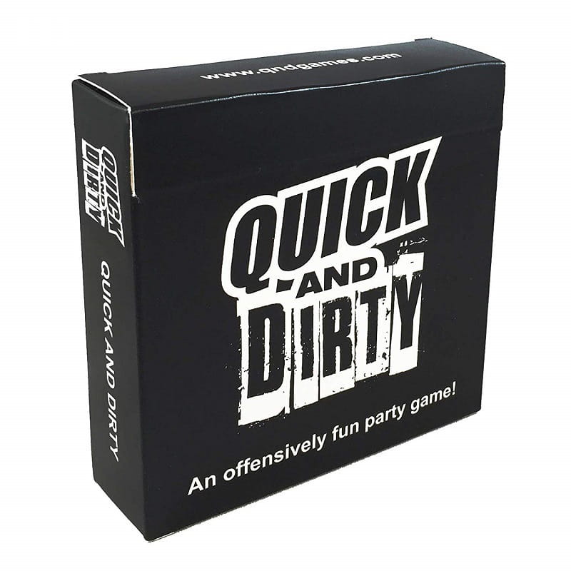 Black cardboard box for the quick and dirty party card game by qnd games designed for adults 17 plus.