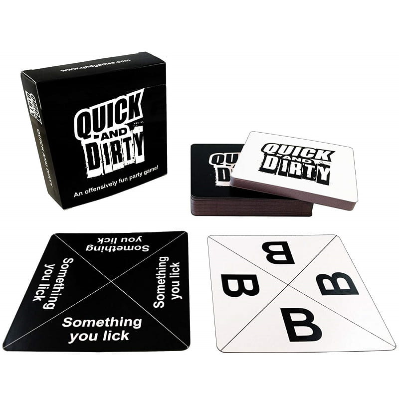 Black and white quick and dirty party card game box with matching cards featuring bold stylized text on a clean background for adults 17 plus.