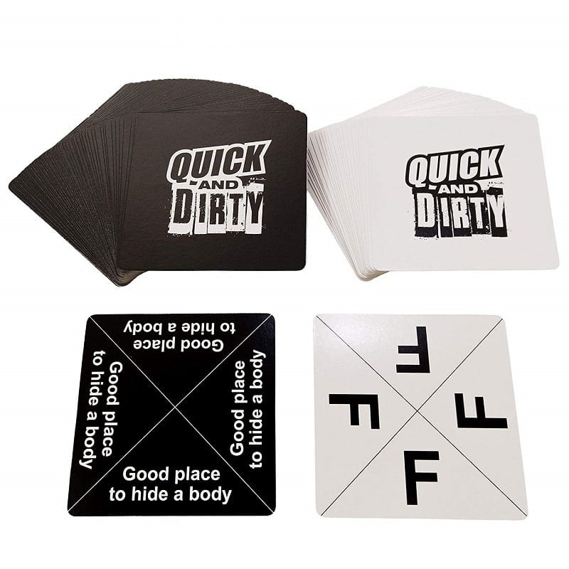 black and white quick and dirty party card game for adults 17 plus featuring bold distressed typography on both black and white cards