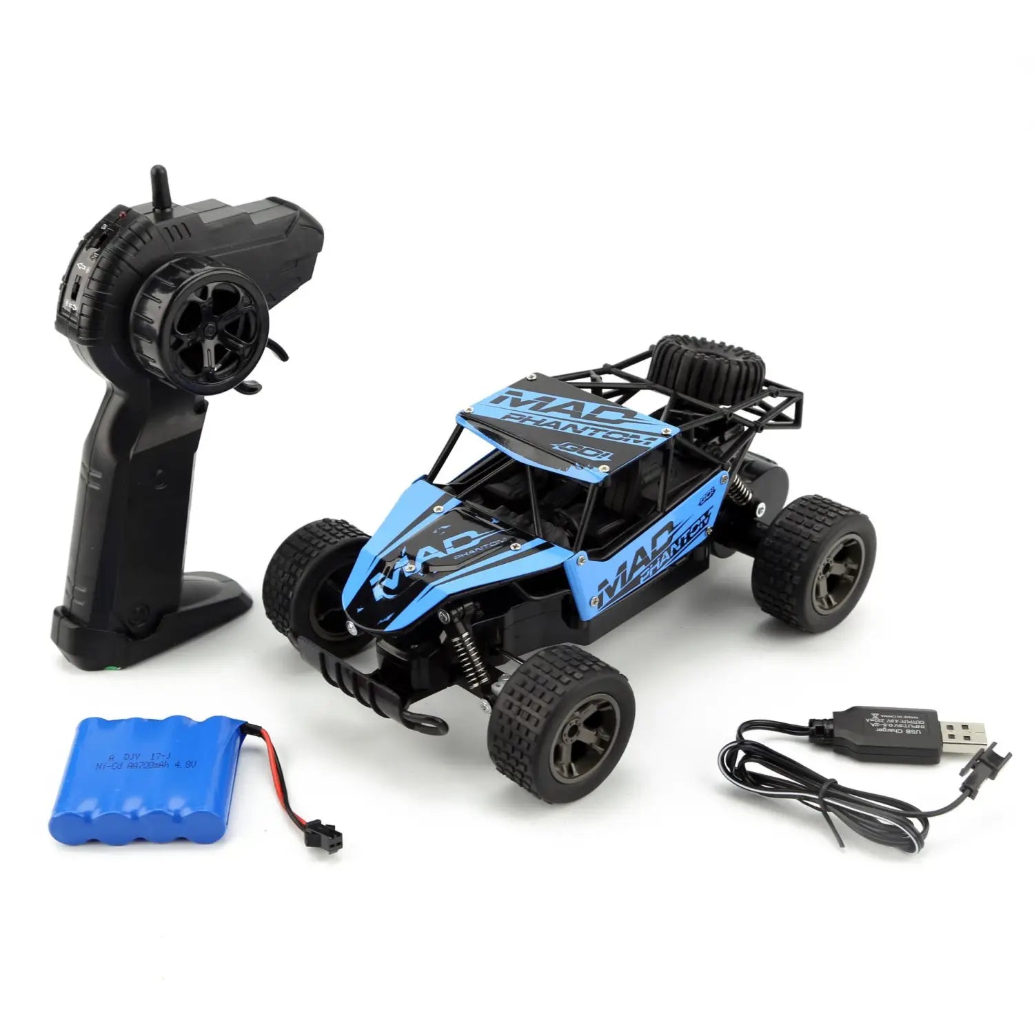Blue and black rc drift car mad phantom off-road buggy 2.4g with mad branding on its body designed for off-road use.