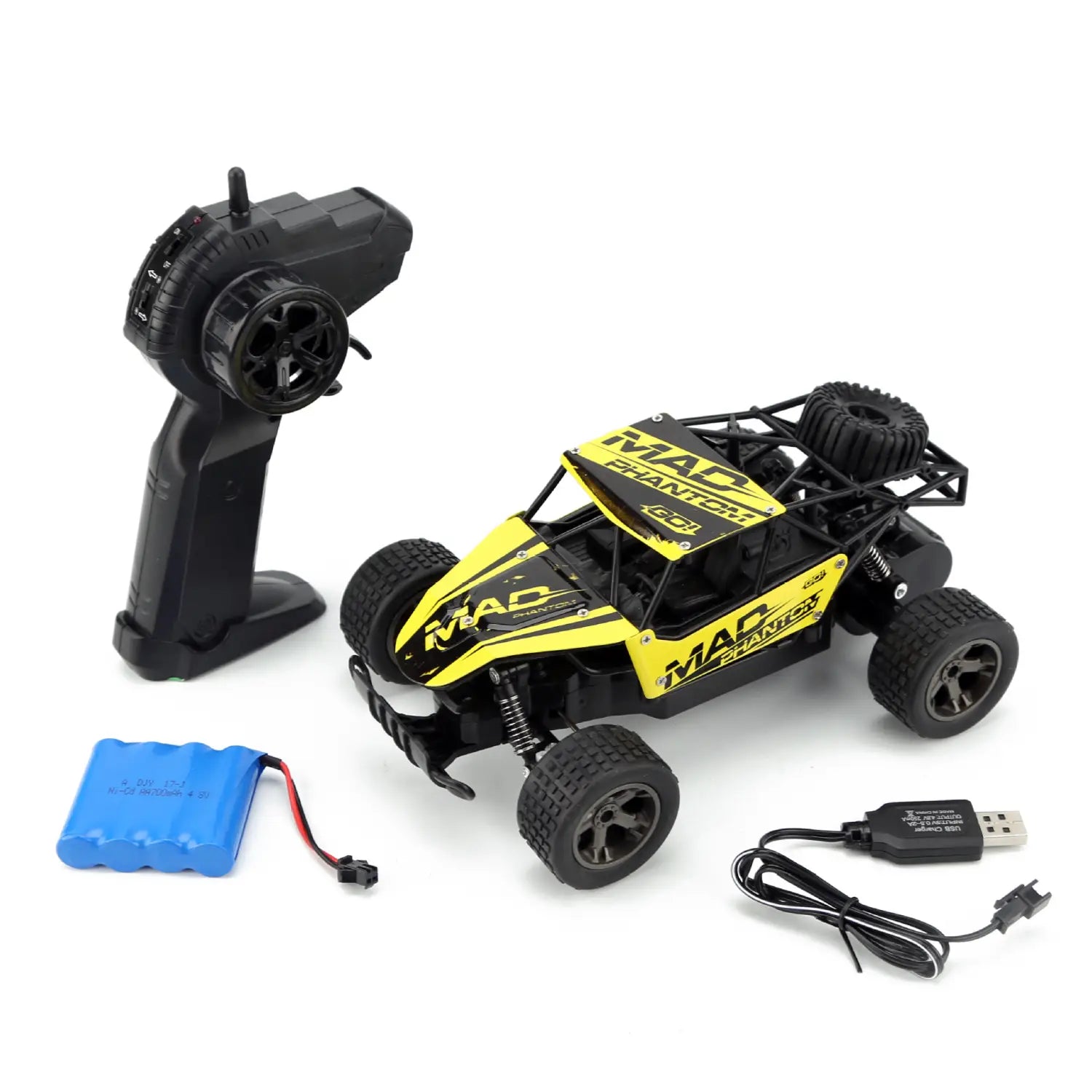 Yellow and black Mad Phantom remote-controlled off-road buggy with rugged tires and detailed chassis for RC drift car use on 2.4g frequency.