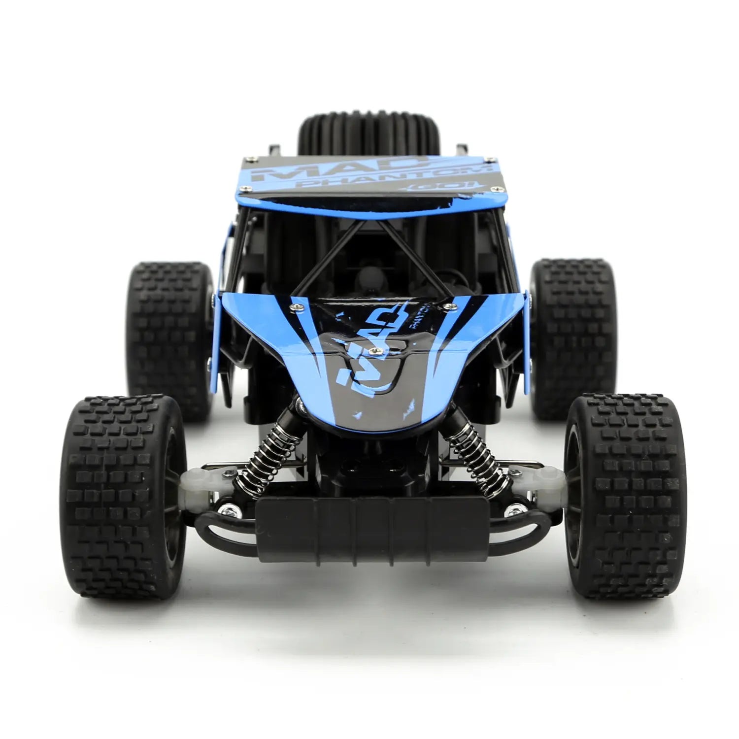 Rc drift car Mad Phantom off-road buggy 2.4g in blue and black with rugged tires and a detailed chassis designed for remote control off-road use.